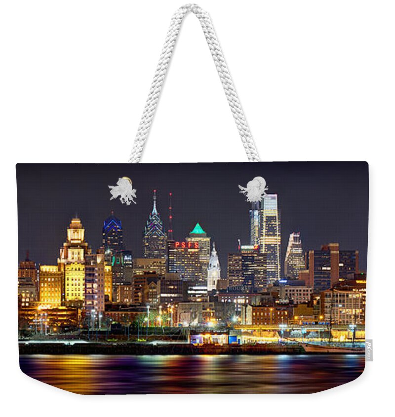 Philadelphia Skyline At Night Weekender Tote Bag featuring the photograph Philadelphia Philly Skyline at Night from East Color by Jon Holiday