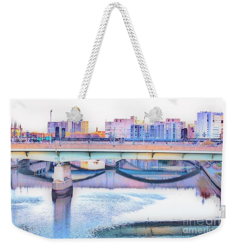 I Went For A Early Morning Walk And Came Across This Scene In Philadelphia. I Liked The Colors And Reflections Off The Water. This Is Another Version Of The Scene. Weekender Tote Bag featuring the photograph Philadelphia Scene1 by Merle Grenz