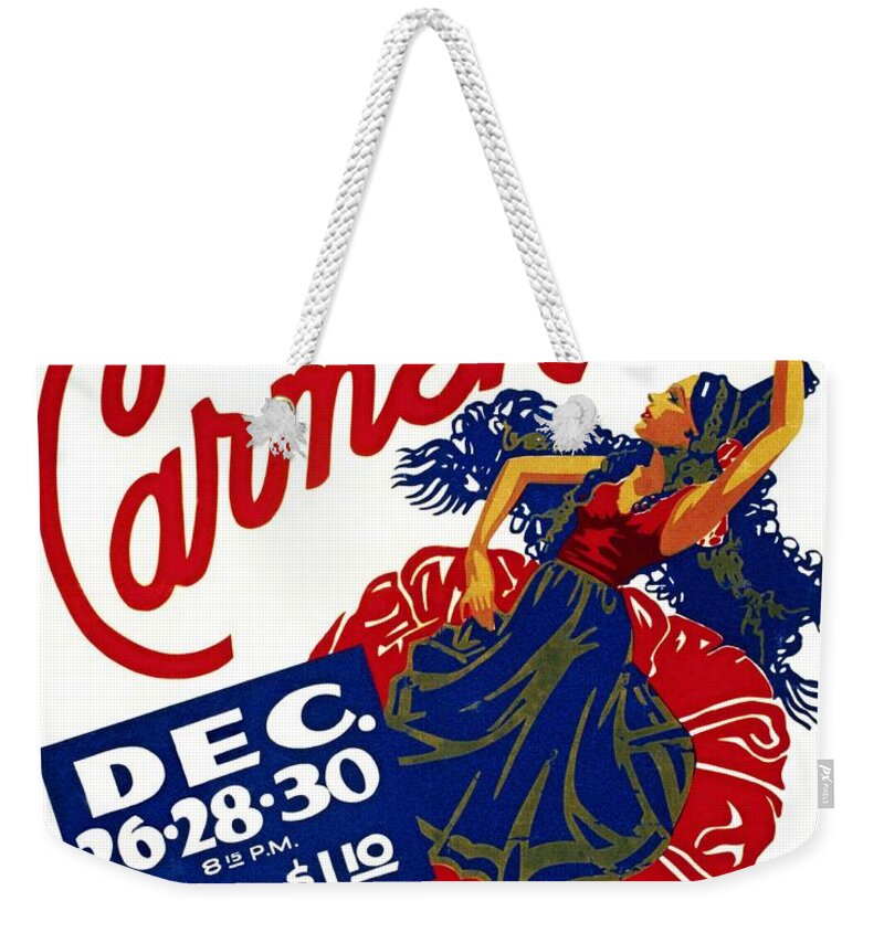 Carmen Weekender Tote Bag featuring the painting Philharmonic Auditorium Carmen, WPA poster, 1939 by Vincent Monozlay