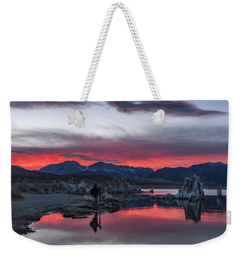 Red Weekender Tote Bag featuring the photograph Photographer at Mono Lake by Cat Connor
