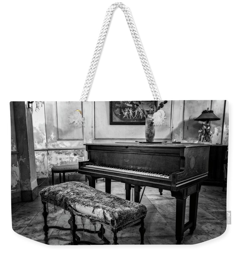 Joan Carroll Weekender Tote Bag featuring the photograph Piano at Josie's House BW by Joan Carroll