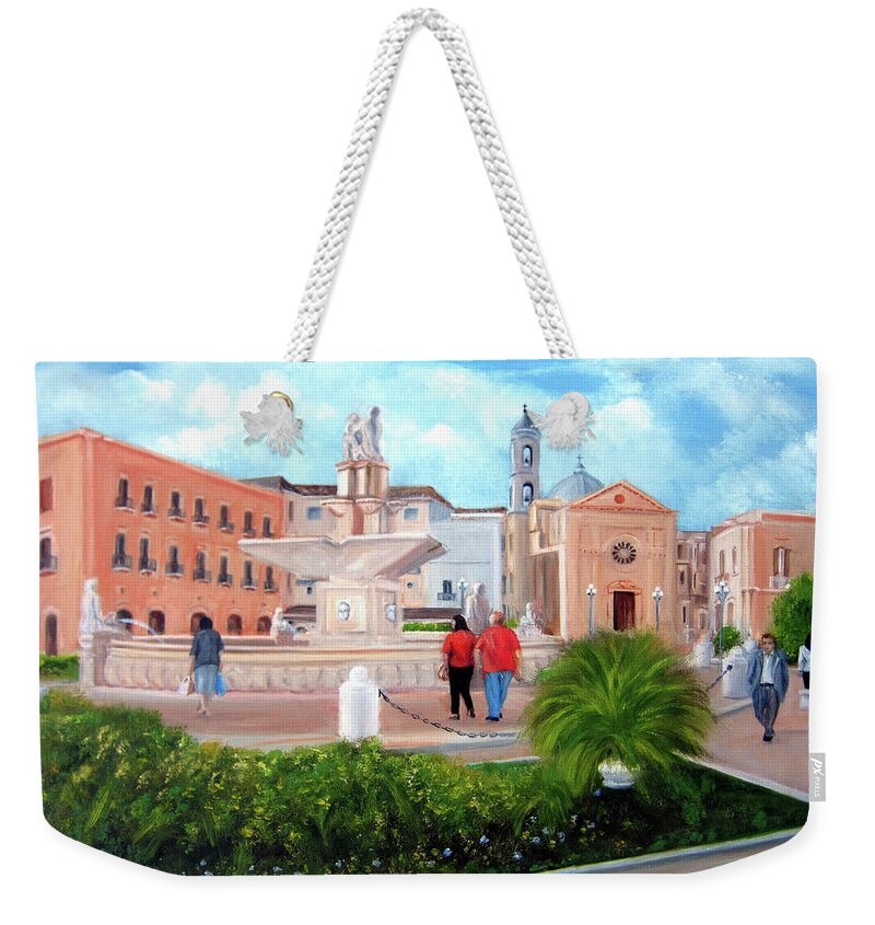 Italy Weekender Tote Bag featuring the painting Piazza Mola Di Bari by Leonardo Ruggieri