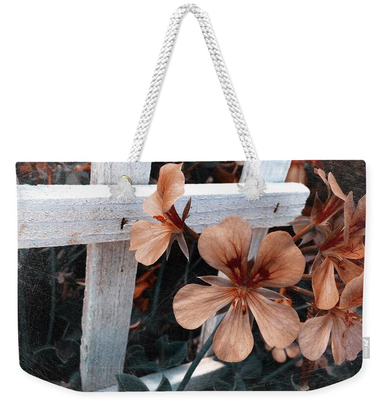 Photography Weekender Tote Bag featuring the photograph Picket Fence Blooms by Kathleen Messmer