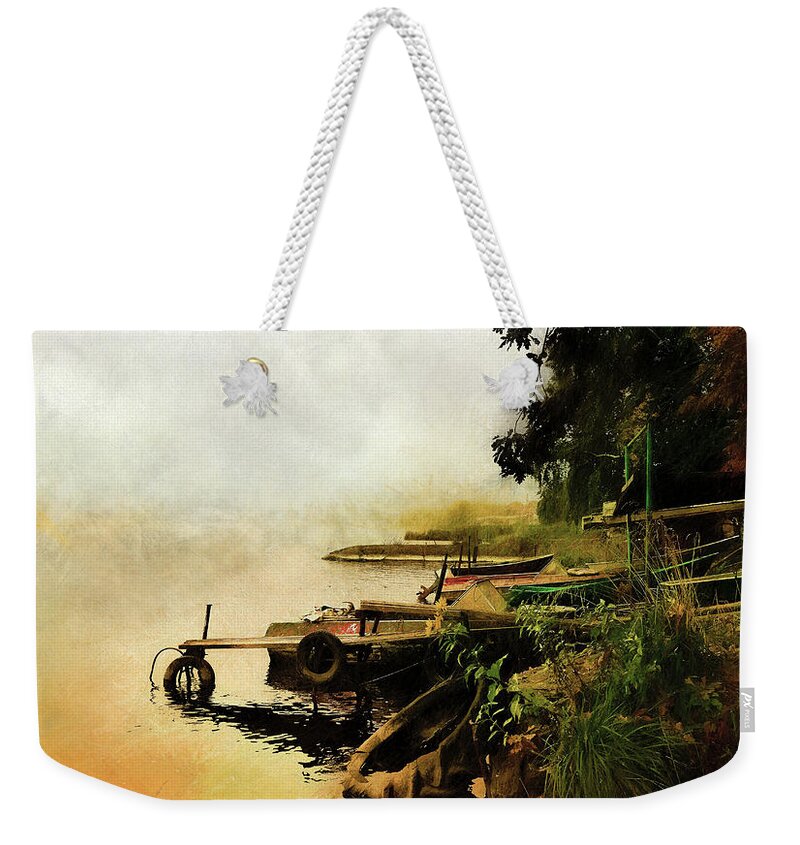 #river#water#boats#autumn#gold#fog#trees#city#pier#old#art#digital#painting#sky#photo Art #photo Painting Weekender Tote Bag featuring the mixed media Pier In Gold by Aleksandrs Drozdovs