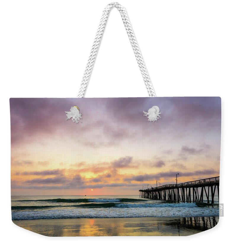 Landscape Weekender Tote Bag featuring the photograph Pier Into The Morning by Michael Scott