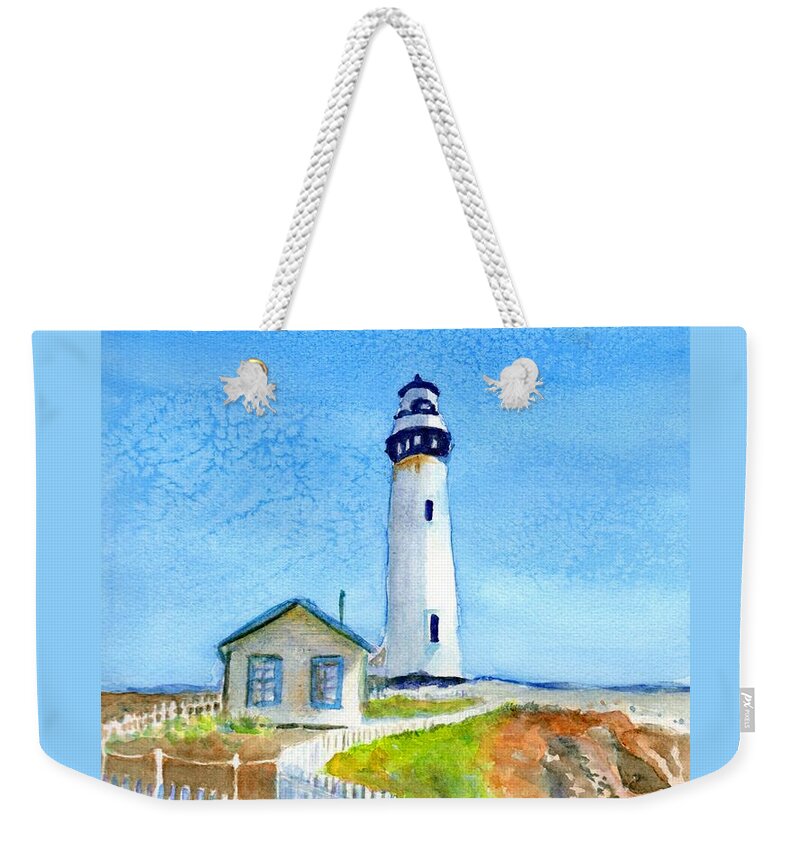 Pigeon Point Lighthouse Weekender Tote Bag featuring the painting Pigeon Point Lighthouse California by Carlin Blahnik CarlinArtWatercolor