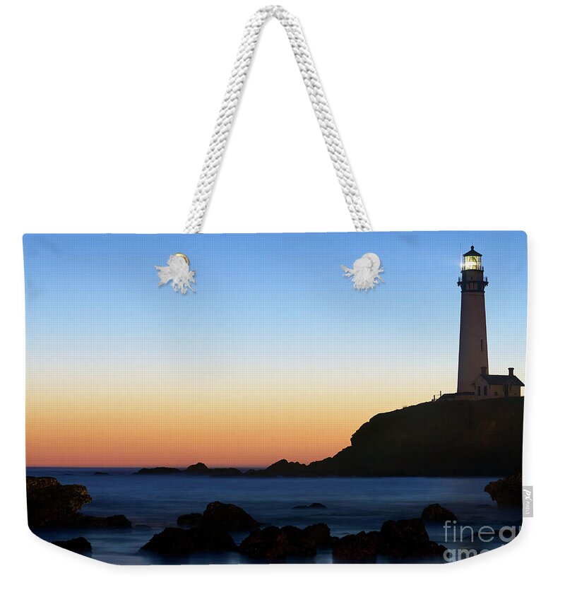 Architecture Weekender Tote Bag featuring the photograph Pigeon Point Lighthouse in Silhouette at Dusk by Dean Birinyi
