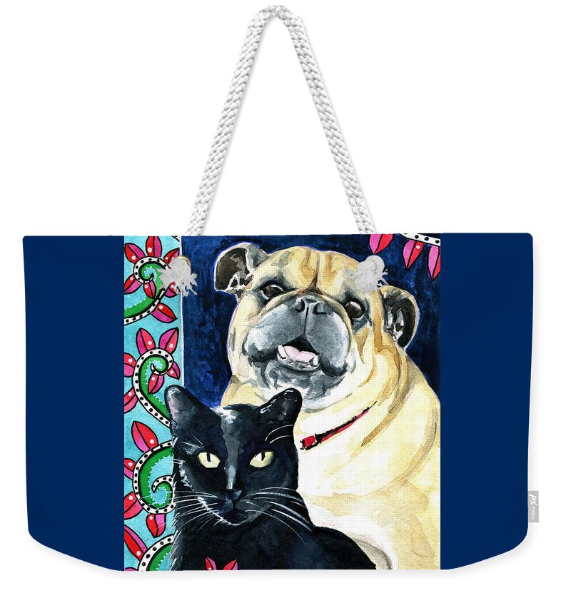 Cat Weekender Tote Bag featuring the painting Piglet Likes Watermelon - Pet Portraits by Dora Hathazi Mendes