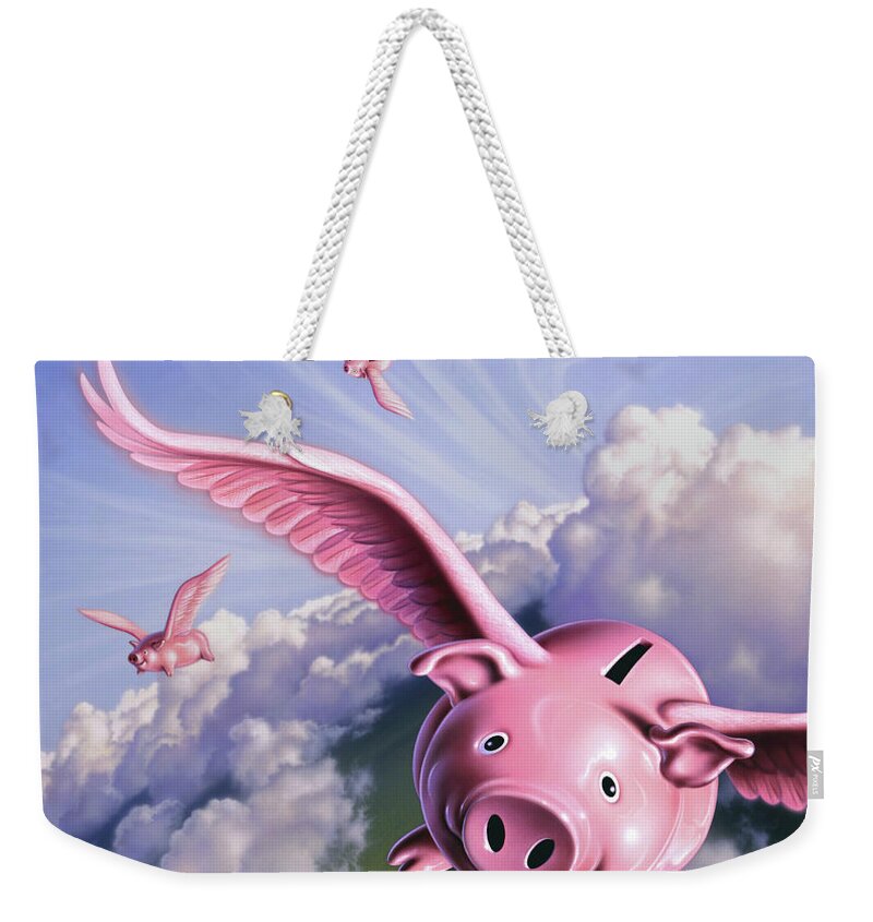 Pigs Weekender Tote Bag featuring the painting Pigs Away by Jerry LoFaro