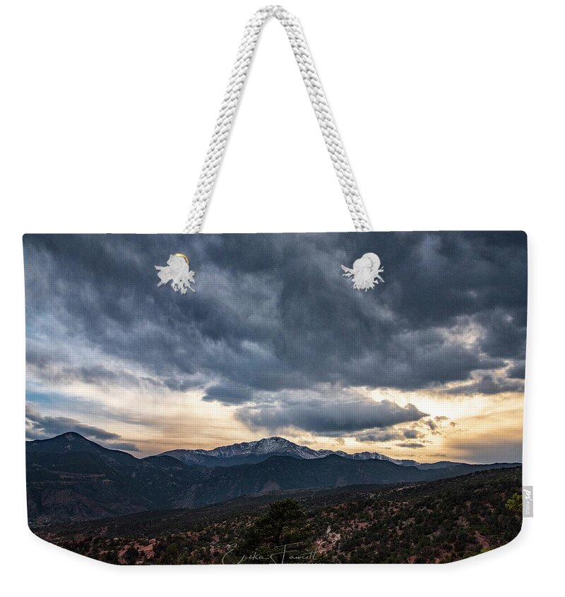 Pikes Peak Sunset Weekender Tote Bag featuring the photograph Pikes Peak Sunset by Erika Fawcett