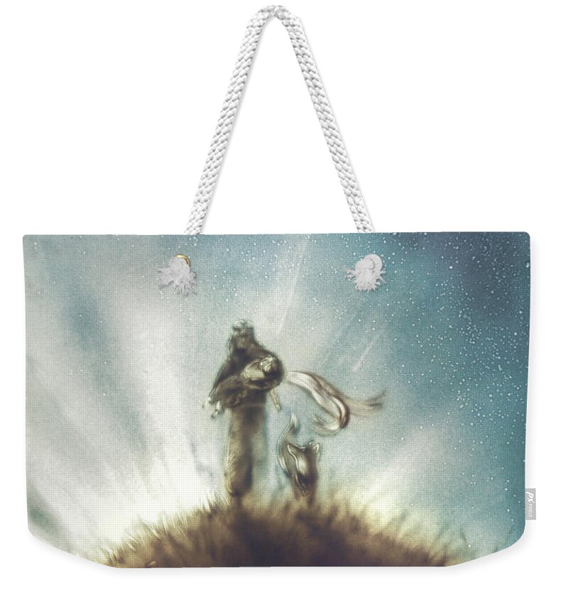 The Little Prince Weekender Tote Bag featuring the painting Pilot, Little Prince and Fox by Elena Vedernikova