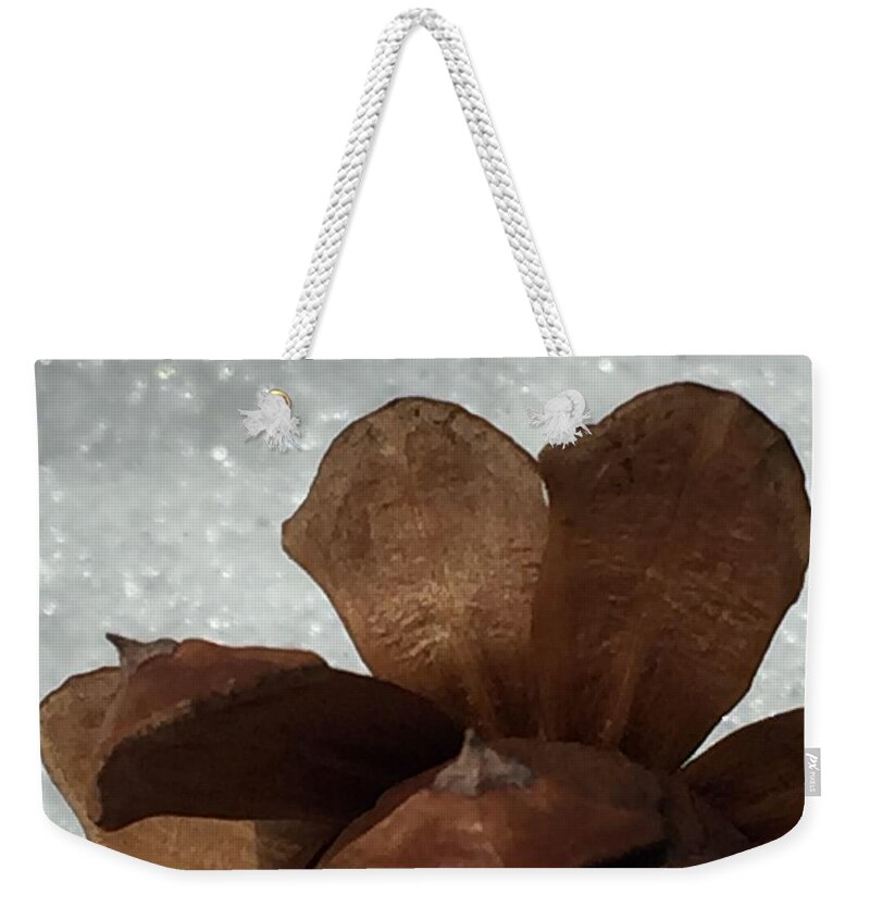 Pine Cone Weekender Tote Bag featuring the photograph Pine Cone Heart by Vonda Drees