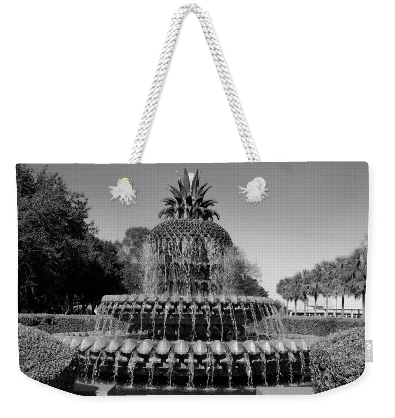 Pine Apple Fountain Charleston Sc Weekender Tote Bag featuring the photograph Pineapple Fountain Charleston SC Black and White by Lisa Wooten