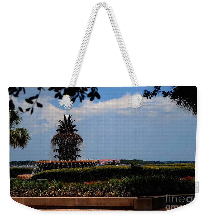 Charleston South Carolina Weekender Tote Bag featuring the photograph Pineapple Symbol on Waterfront by Jacqueline M Lewis
