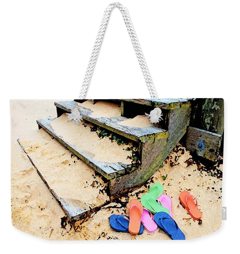 Alabama Pelican Weekender Tote Bag featuring the digital art Pink and Blue Flip Flops by the Steps by Michael Thomas