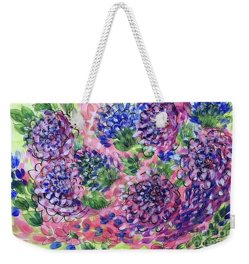 Pink Weekender Tote Bag featuring the painting Pink and Blue Flower Flurry by Holly Carmichael