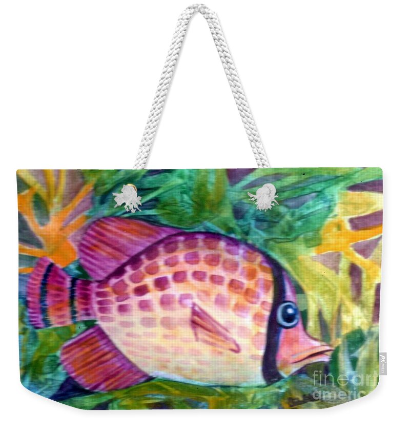 Colorful Imaginary Fish In A Rainbow-colored Make Believe Underwater World. This Vibrant Fish Painting Is The Perfect Accent Piece To Brighten Your Room Or Attract Attention When Added To Any Grouping.  Weekender Tote Bag featuring the painting Pink and Fuchsia Spots by Joan Clear