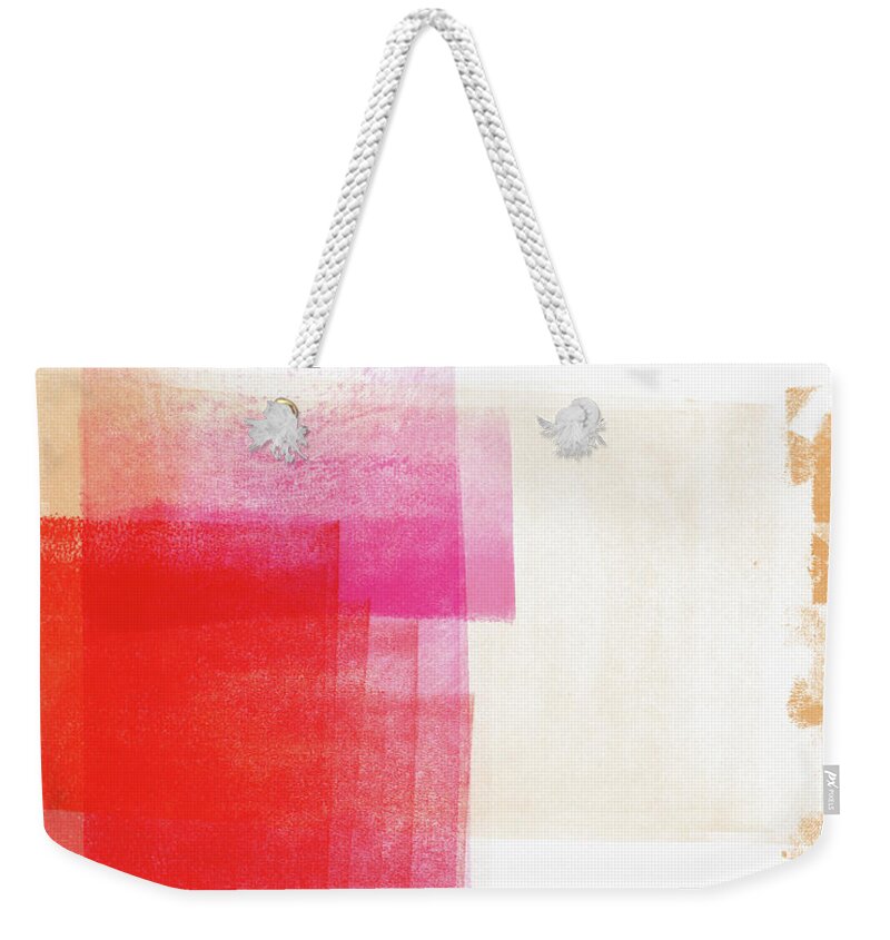 Minimalist Abstract Painting Weekender Tote Bag featuring the mixed media Pink and Red Minimalist Abstract Art by Linda Woods by Linda Woods