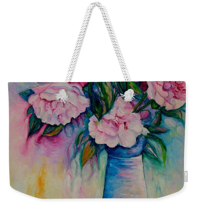 Red Flowers Weekender Tote Bag featuring the painting Pink And Red Peonies In Blue Vase Cut Flowers Oil Painting From My Garden By Carole Spandau by Carole Spandau