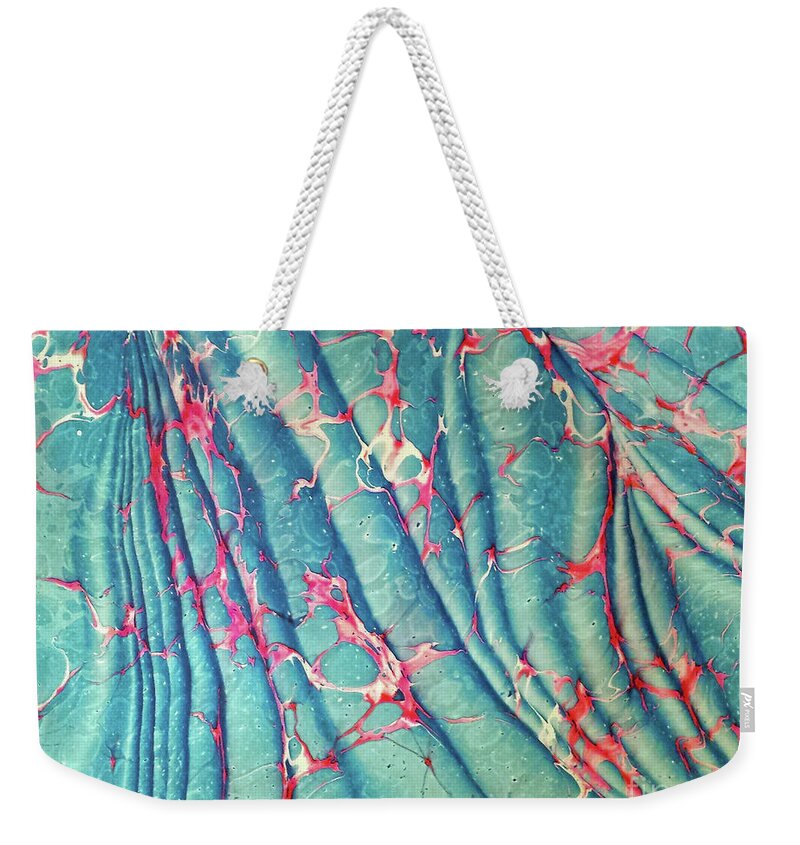Water Marbling Weekender Tote Bag featuring the painting Pink and Turquoise Spanish Wave by Daniela Easter