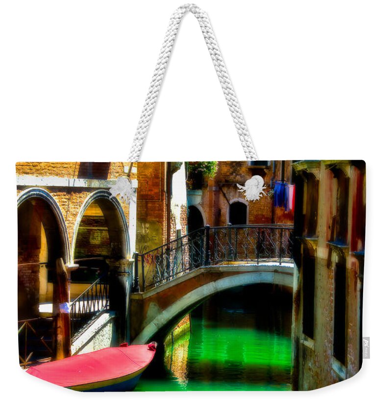 Gondola Weekender Tote Bag featuring the photograph Pink Boat and Canal by Harry Spitz