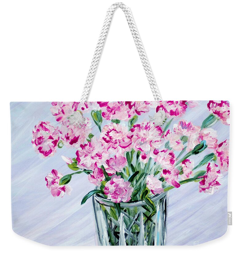 Best Buy Art Weekender Tote Bag featuring the painting Pink Carnations in a Vase. For sale by Oksana Semenchenko