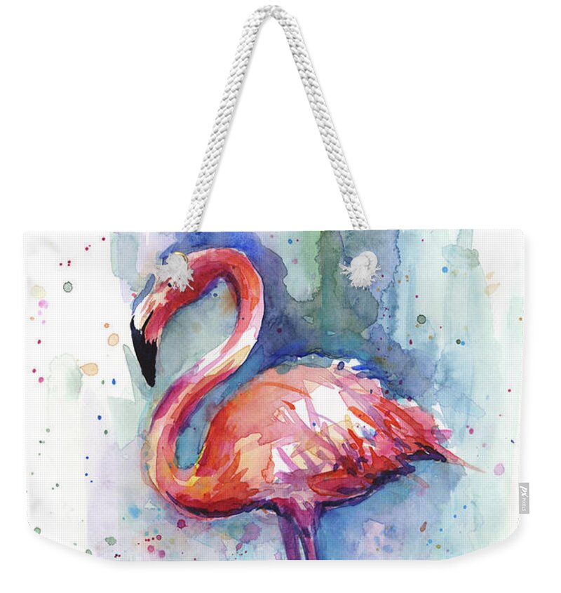 Watercolor Weekender Tote Bag featuring the painting Pink Flamingo Watercolor by Olga Shvartsur
