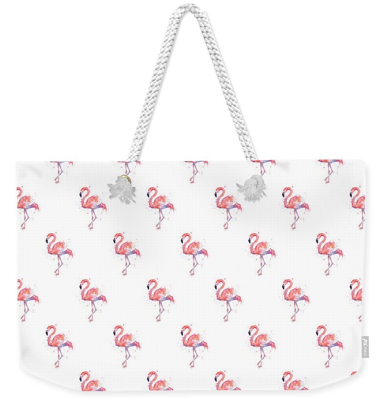 Pink Weekender Tote Bag featuring the painting Pink Flamingo Watercolor Pattern by Olga Shvartsur
