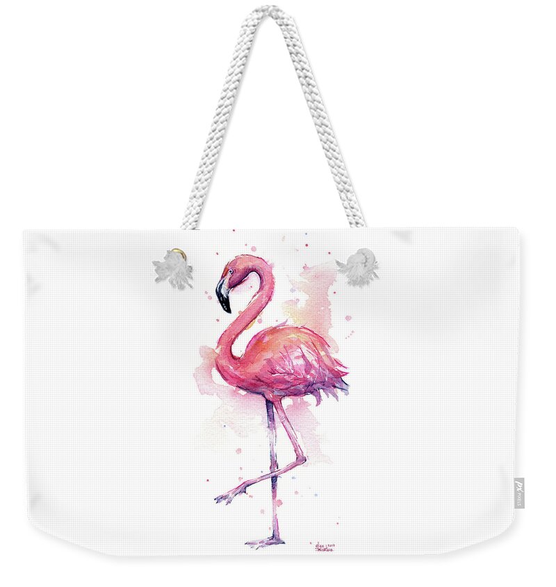 Flamingo Weekender Tote Bag featuring the painting Pink Flamingo Watercolor Tropical Bird by Olga Shvartsur