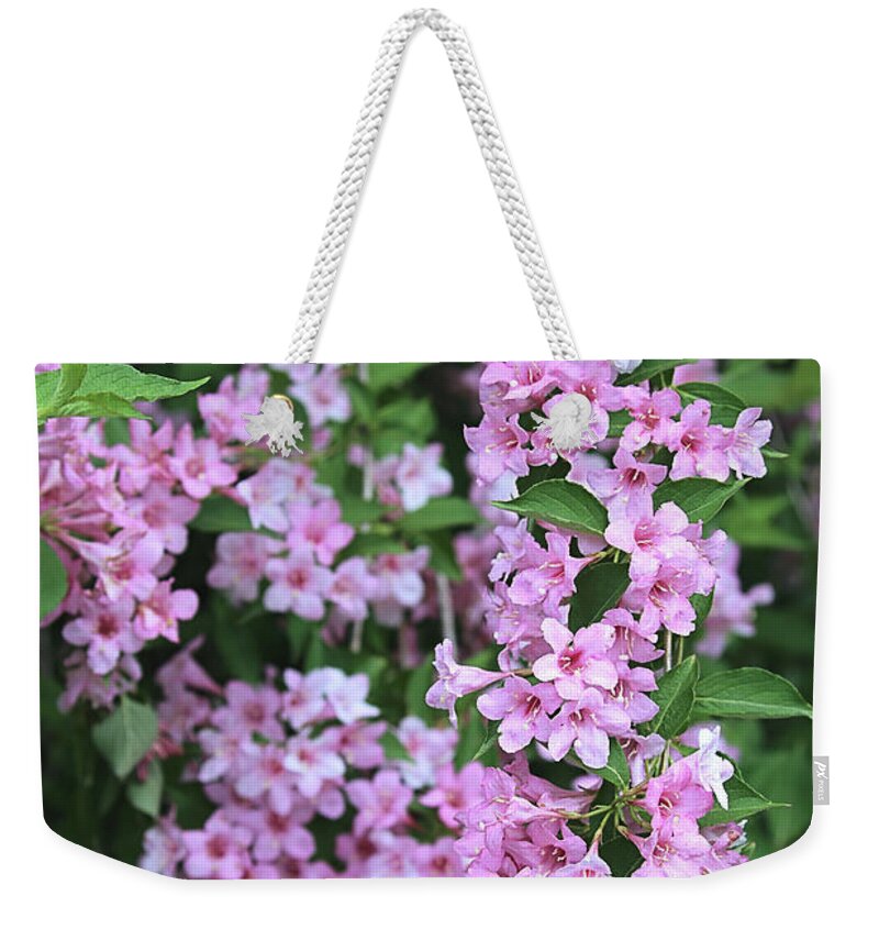 Flower Weekender Tote Bag featuring the photograph Pink Floral Waterfall by Theresa Campbell