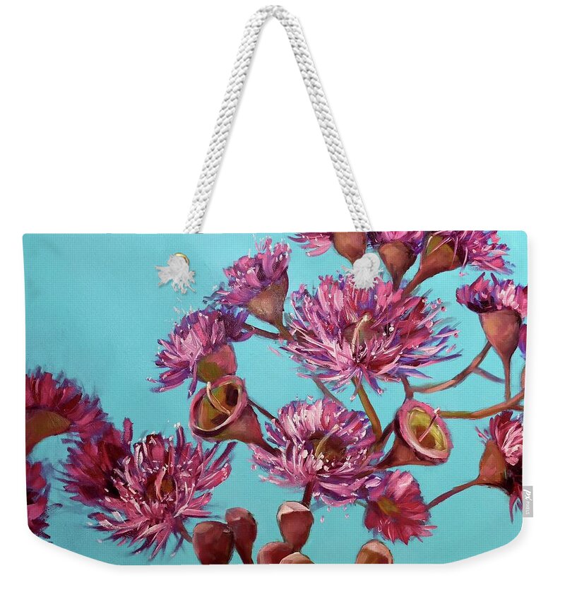 Pink Gum Blossoms. Pink Weekender Tote Bag featuring the painting Pink Gum Blossoms by Chris Hobel