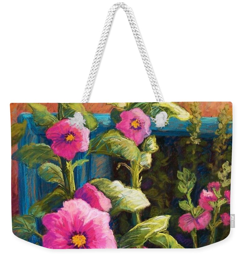 Flowers Weekender Tote Bag featuring the pastel Pink Hollyhocks by Candy Mayer