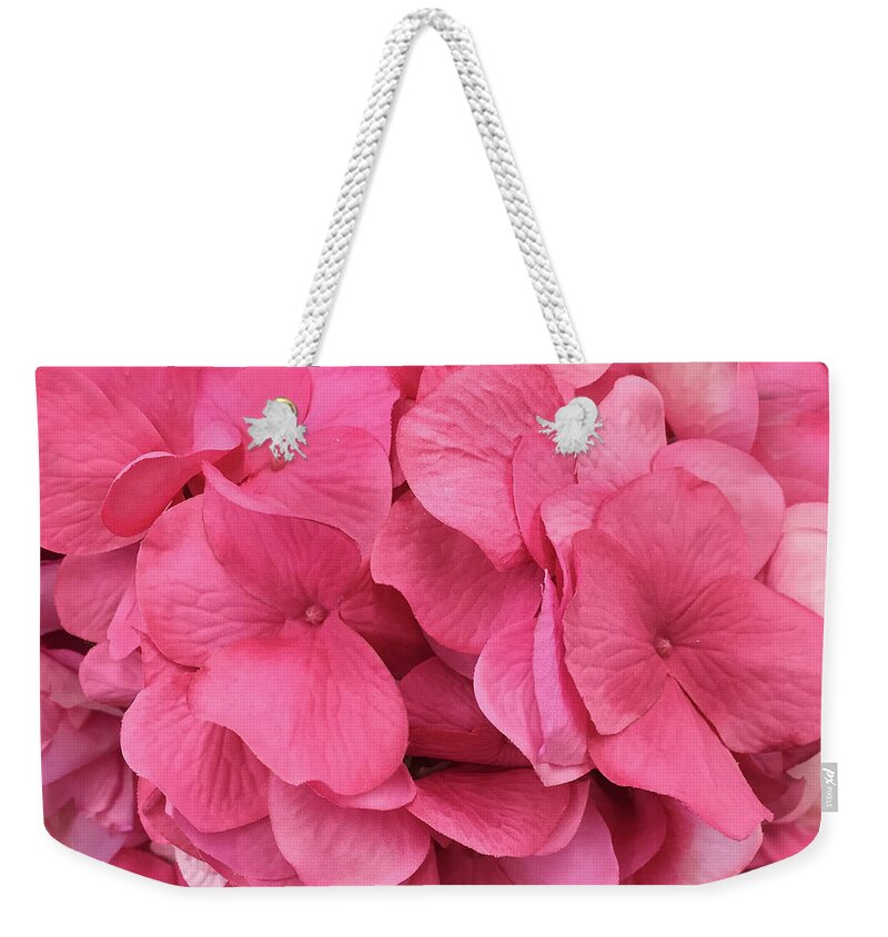 Hydrangeas Weekender Tote Bag featuring the photograph Hydrangea Floral Petals - Romantic Pink Flower Petals by Kathy Fornal