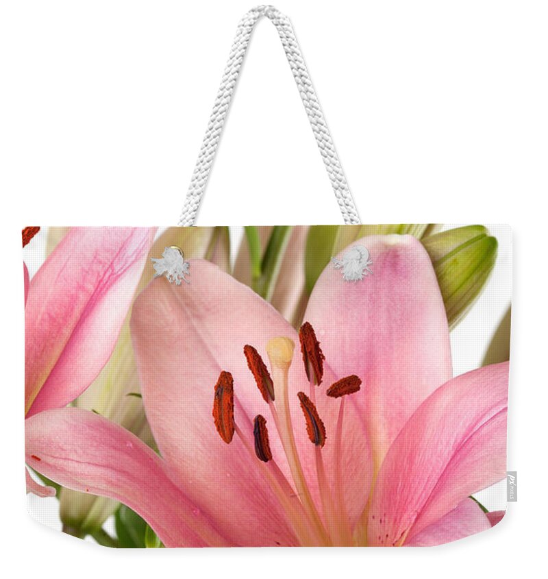 Lily Weekender Tote Bag featuring the photograph Pink Lilies 07 by Nailia Schwarz