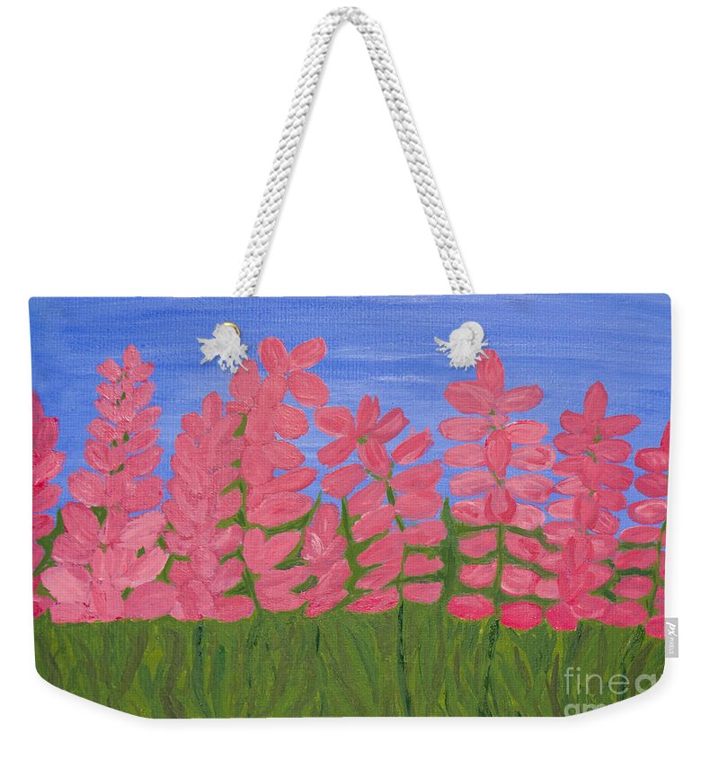 Lupin Weekender Tote Bag featuring the painting Pink lupins by Irina Afonskaya