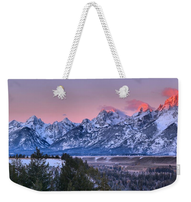 Snake River Overlook Weekender Tote Bag featuring the photograph Pink Peaks Over The Snake River Overlook by Adam Jewell