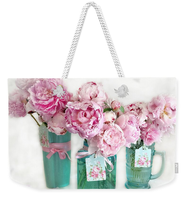 Pink Aqua Peony Prints Weekender Tote Bag featuring the photograph Pink Peonies In Aqua Vases Romantic Watercolor Print - Pink Peony Home Decor Wall Art by Kathy Fornal