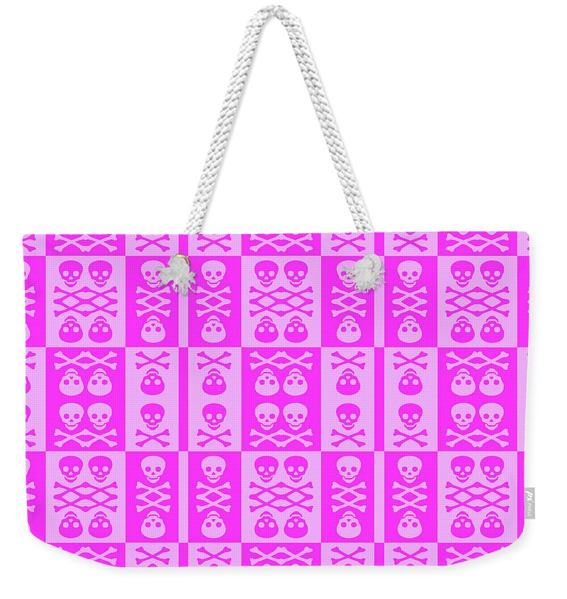 Pink Weekender Tote Bag featuring the digital art Pink Skull and Crossbones Pattern by Roseanne Jones