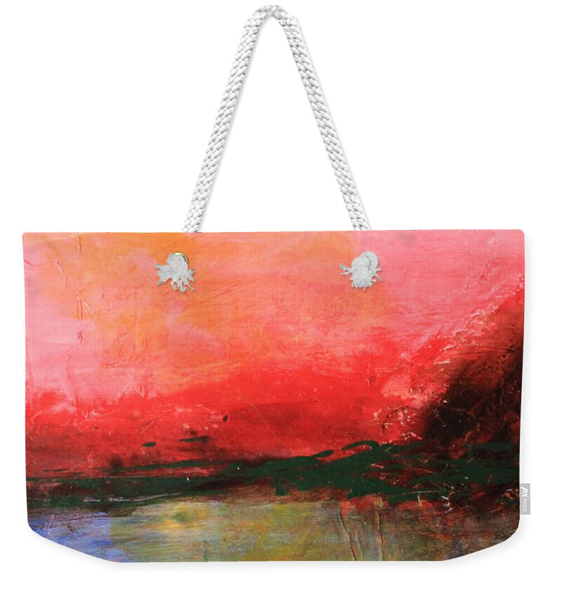 Pink Weekender Tote Bag featuring the painting Pink Sky over Water Abstract by April Burton