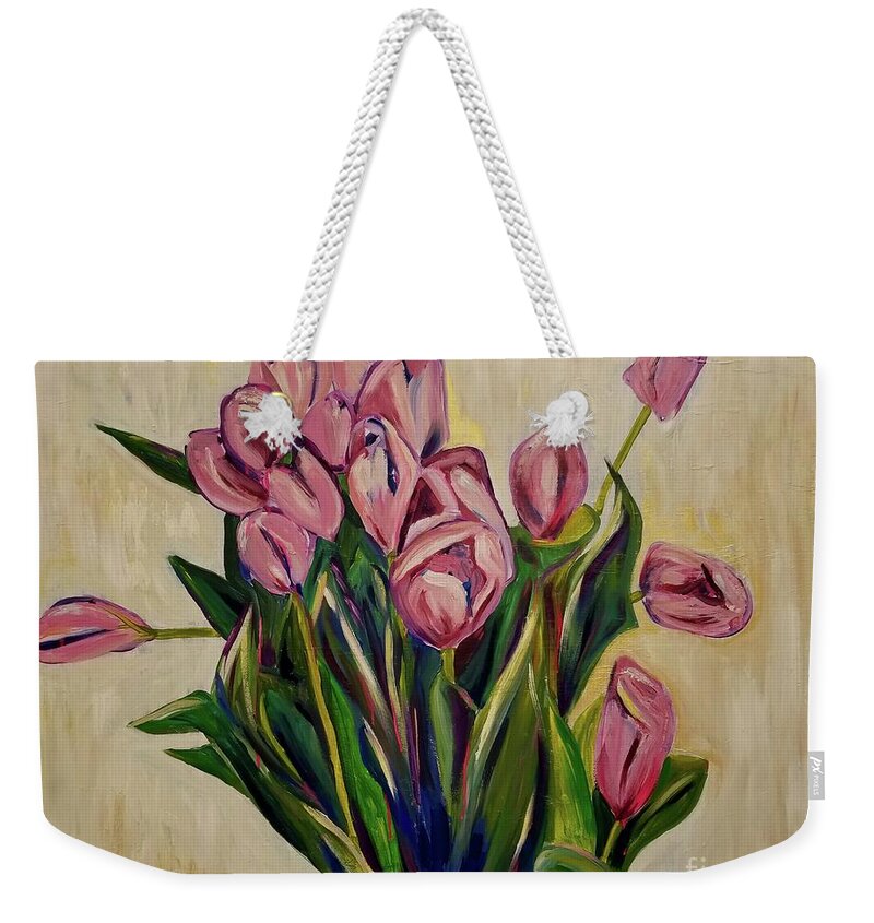 Floral Weekender Tote Bag featuring the painting Pink Tulip Bouquet by Catherine Gruetzke-Blais