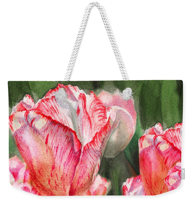 Tulip Weekender Tote Bag featuring the painting Pink Tulips by Irina Sztukowski by Irina Sztukowski