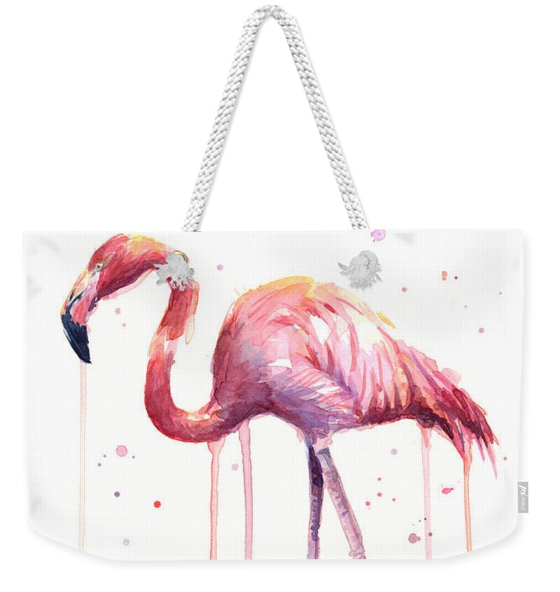 Watercolor Flamingo Weekender Tote Bag featuring the painting Pink Watercolor Flamingo by Olga Shvartsur