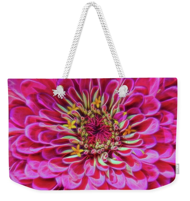 Zinnia Weekender Tote Bag featuring the photograph Pink Zinnia Glow by Beth Sawickie