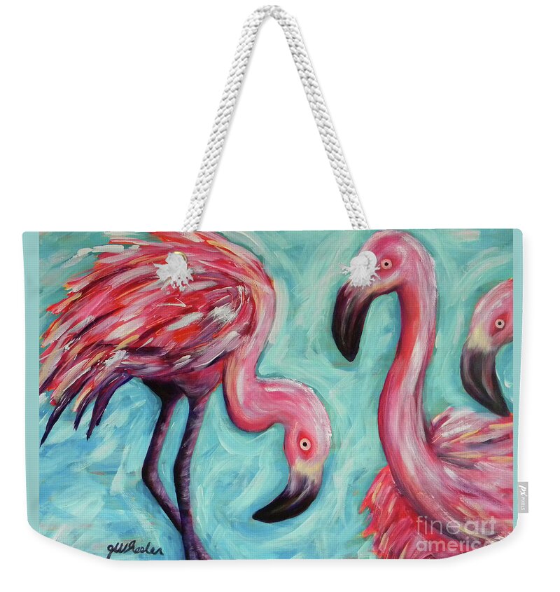 Flamingo Weekender Tote Bag featuring the painting Pinkies by JoAnn Wheeler