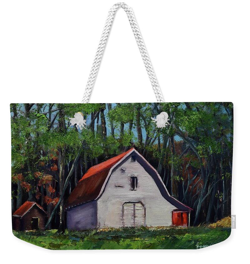 Pinson Barn Weekender Tote Bag featuring the painting Pinson Barn at Harrison Park by Jan Dappen