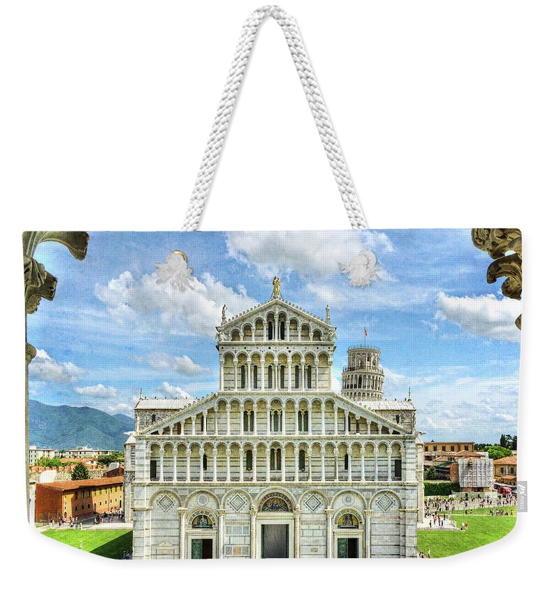 Pisa Weekender Tote Bag featuring the photograph Pisa - leaning tower behind duomo - vintage version by Weston Westmoreland