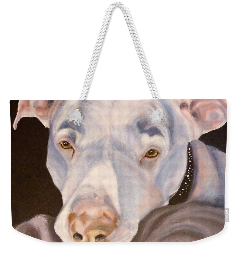 Dog Weekender Tote Bag featuring the painting Pit Bull Lover by Susan A Becker
