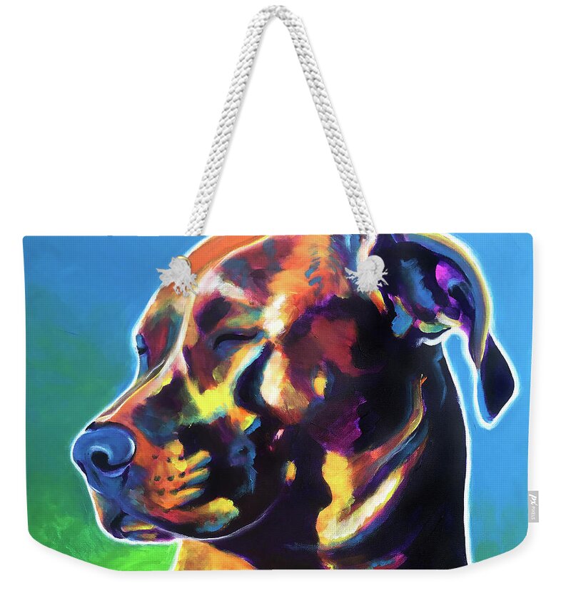 Pet Weekender Tote Bag featuring the painting Pit Bull - Twyla by Dawg Painter