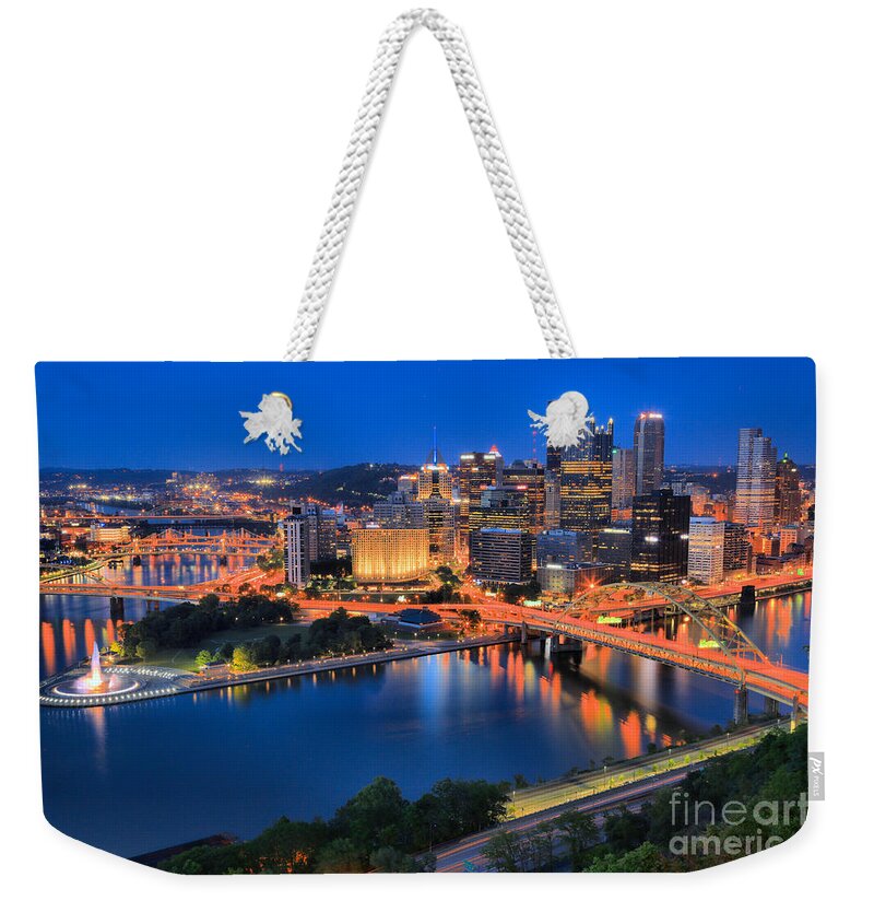 Pittsburgh Weekender Tote Bag featuring the photograph Pittsburgh Evening Glow by Adam Jewell