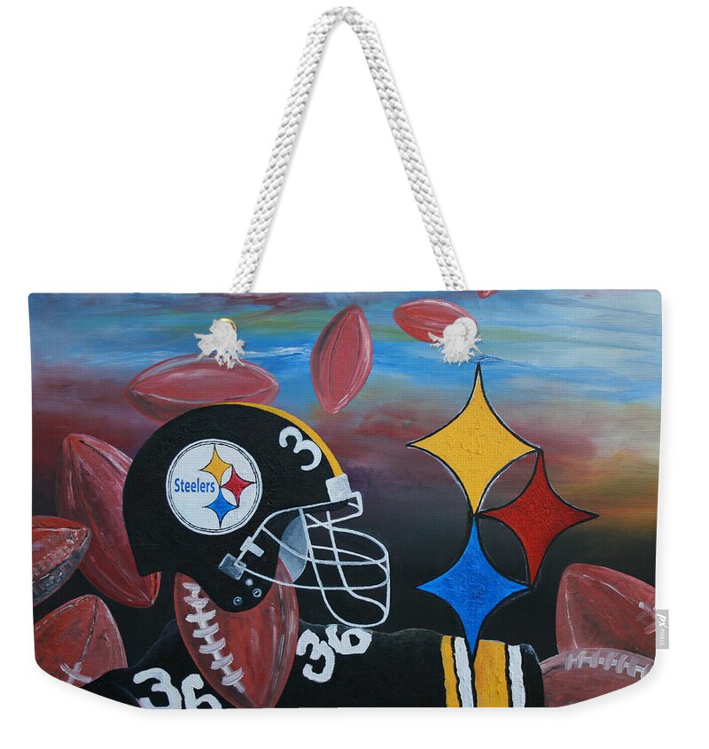 Pittsteelers Weekender Tote Bag featuring the painting PittSteelers by Obi-Tabot Tabe